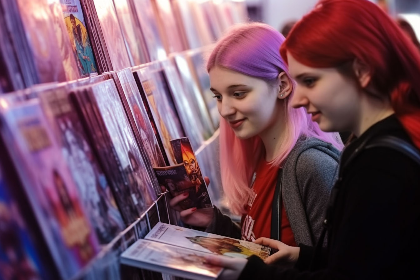 nevets2 two cosplay girls looking at comics standing at a wall 08279faf 46d4 4e37 897f 96847bb13d93